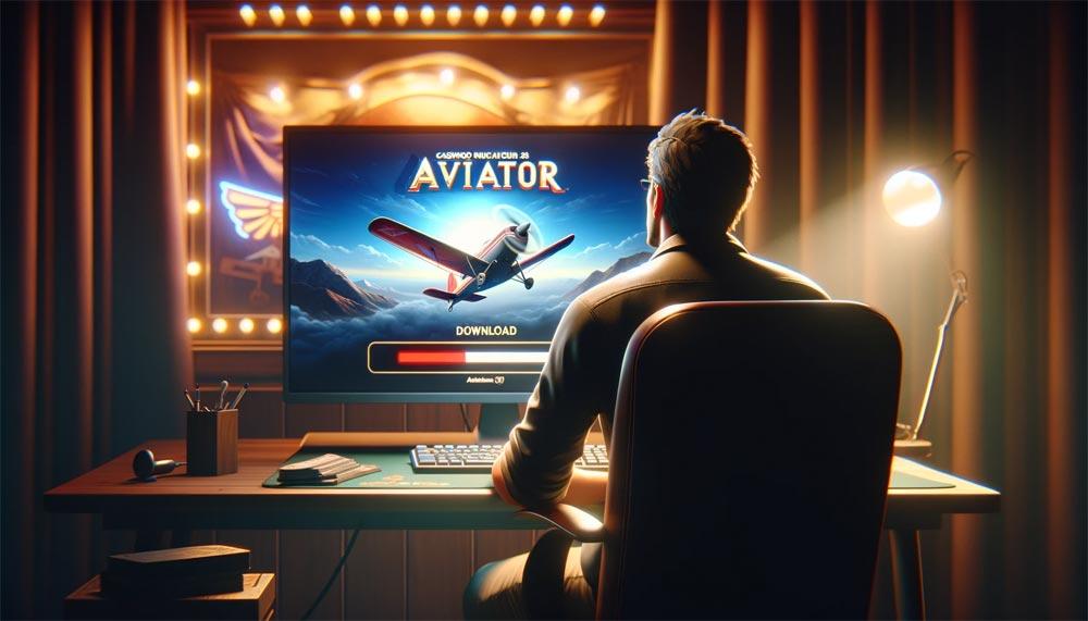 Гравець, сидячи за комп'ютером, завантажує ігровий автомат Aviator
